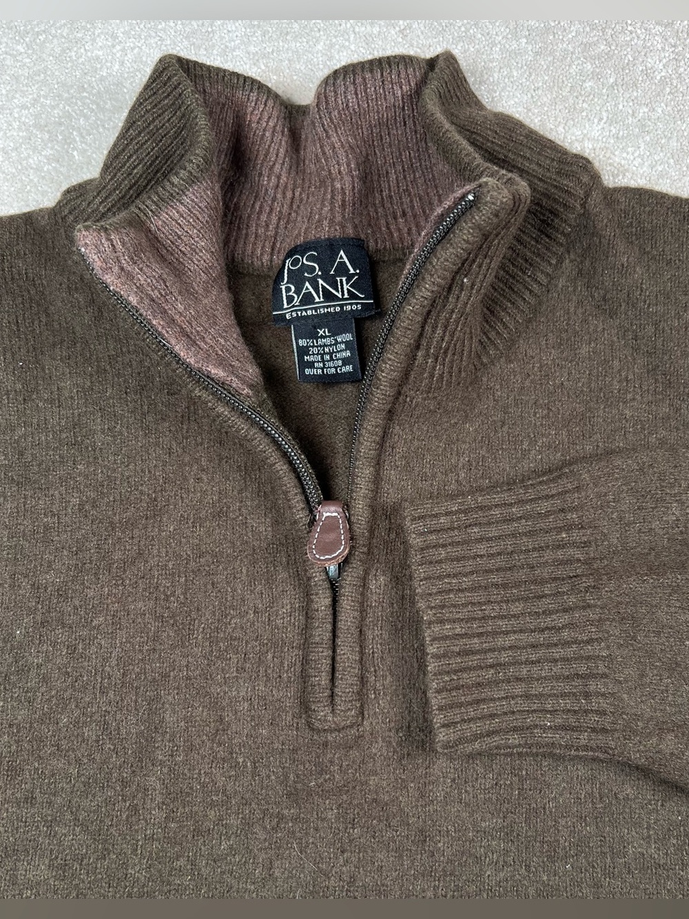 Jos A Bank Sweater Brown Quarter Zip LambsWool Blend Men's XL